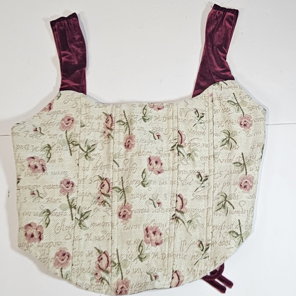 Y2K PrettyGarbage Floral Corset Crop Top Lrg Velvet Straps Cottage Festival 90s